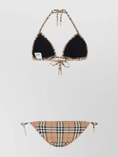 Burberry Checkered Pattern Triangle Bikini With Metal Accents In Neutral