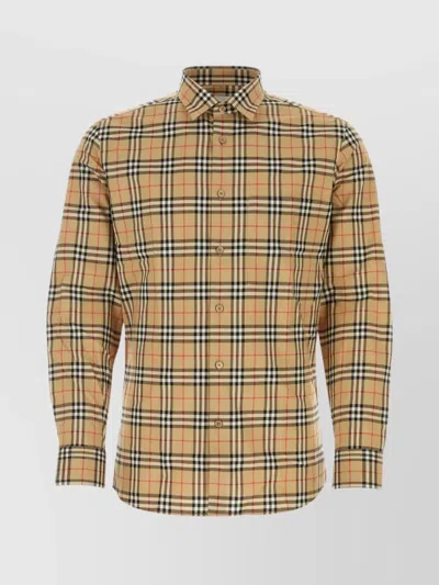 Burberry Checkered Poplin Shirt Embroidery Detail In Brown