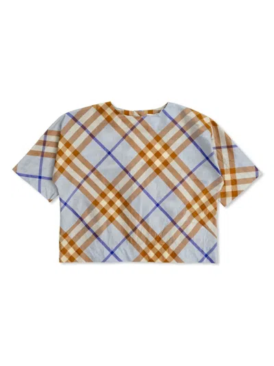Burberry Kids' Checkered Silk Shirt In A1033 Slate Blue Ip Check