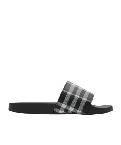 Burberry Checkered Slides In Black