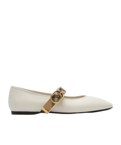Burberry Checkered Strap Leather Robin Ballet Flats In White