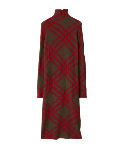 BURBERRY BURBERRY CHECKERED MOCK-NECK RIBBED SHIFT DRESS