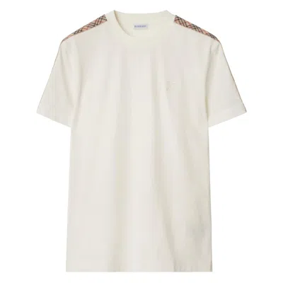 Burberry White Crewneck T-shirt With Check Motif On The Sleeve And Ekd Logo Embroidery On The Front In Cotton