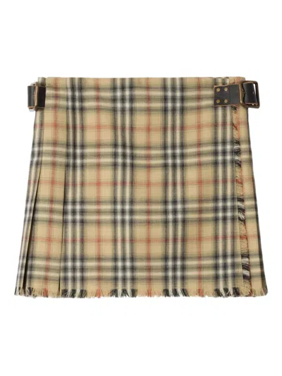 Burberry Fringed Pleated Checked Woven Mini Wrap Skirt In Brown