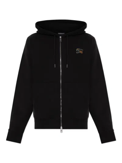 Burberry Check-logo Zip-up Cotton Hoodie Sweatshirt For Men In Black