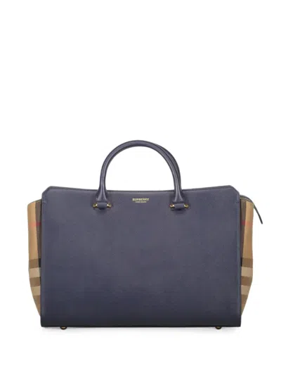 Burberry Check-panel Leather Tote Bag In Blue