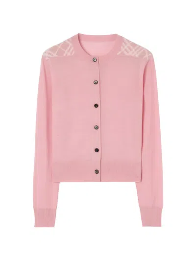 Burberry Check-panel Wool Silk Cardigan In Pink