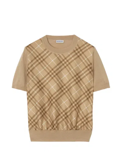 Burberry Check-panel Wool-silk T-shirt In Brown