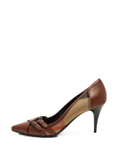 Pre-owned Burberry Check-pattern Buckled Heeled Pumps In Brown