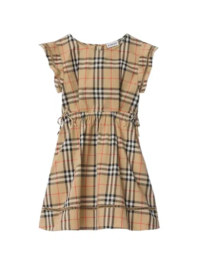 Burberry Babies' Check-pattern Cotton Dress In Brown