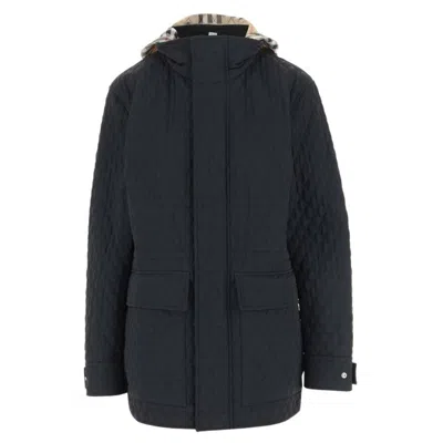 Burberry Check-pattern Hooded Diamond Quilted Jacket In Blue