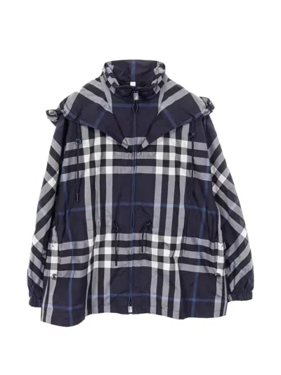 Pre-owned Burberry Check-pattern Hooded Jacket In Blue