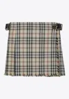 Burberry Women Beige Skirt With Adjustable Belt And All-over Check Motif In Wool Woman In Neutral