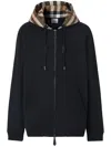 Burberry Cotton Check Pattern Drawstring Hooded Sweater With Front Zip In Black
