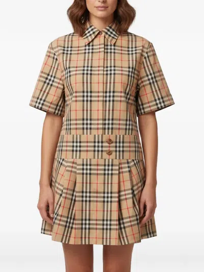 Pre-owned Burberry Check-printed Pleated-skirt Mini Shirt Dress In Neutrals