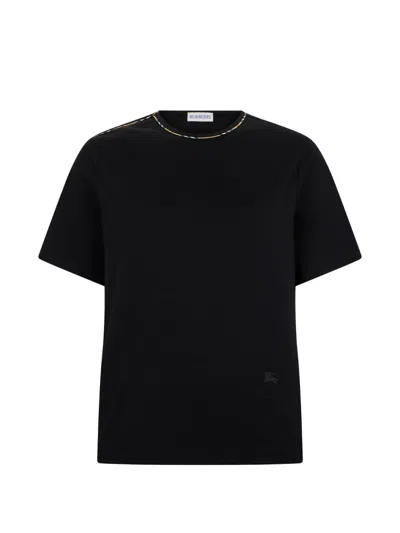 Burberry Check-trim Logo-embroidered T-shirt In Black