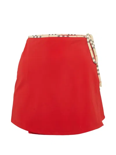 Pre-owned Burberry Check-trim Sarong Mid Skirt In Red