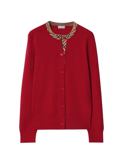 Burberry Check-trim Wool Cardigan In Red