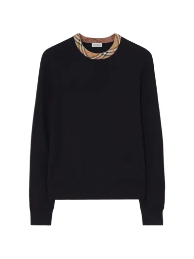 Burberry Black Wool Sweater With Check Motif Neckline