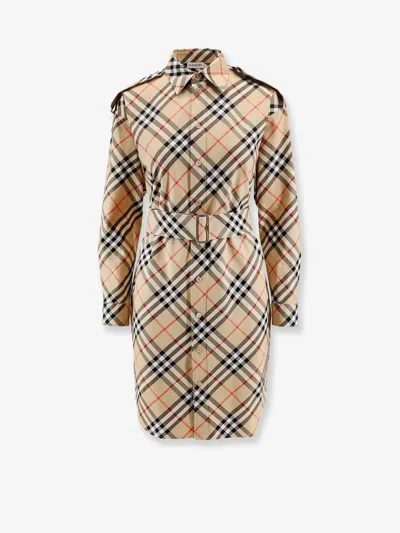 Burberry Chemisier Cotton Short Dress With Check Print In Nude