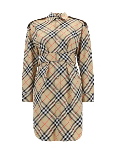 Burberry Chemisier Cotton Short Dress With Check Print In Nude