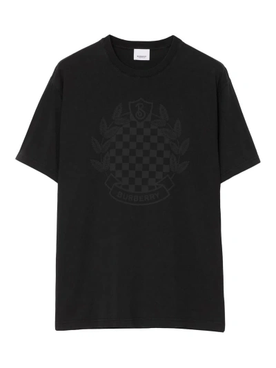 Burberry Chequered Crest Cotton T-shirt In Black