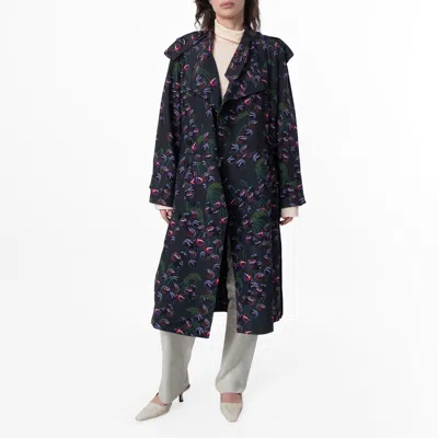Burberry Cherry Print Belted Trench Coat In Black