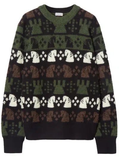 Burberry Embroidered Wool Chess Crewneck Sweater In Black