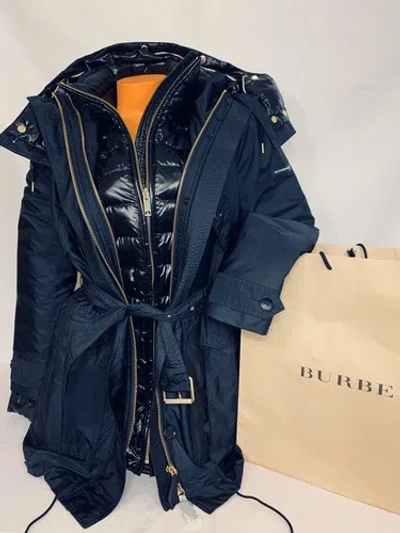 Pre-owned Burberry Chevrington Hooded Parka Quilted Puffer Jacket Trench 3 In 1 Sz 12 In Black