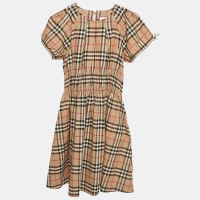 Pre-owned Burberry Children Beige Checkered Print Cotton Dress 12 Yrs In Sand