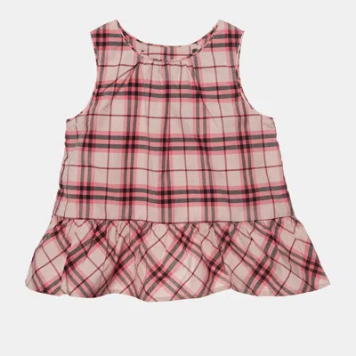 Pre-owned Burberry Children Pink Check Print Cotton Ruffled Top 18m