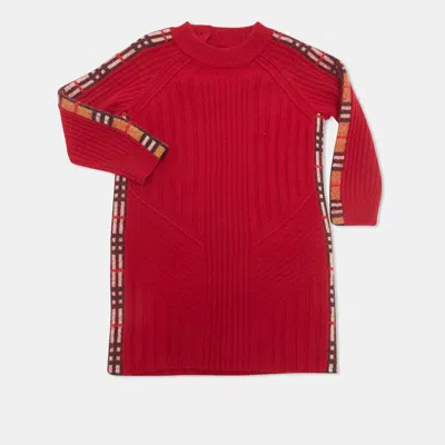 Pre-owned Burberry Children Red Tartan Stripe Detail Knitted Sweater Dress 3yrs
