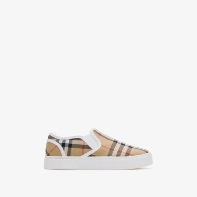 Burberry Childrens Check Cotton Slip-on Sneakers In Brown