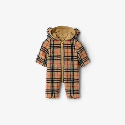 Burberry Childrens Check Fleece Hooded Jumpsuit In Brown