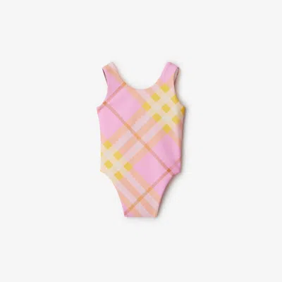 Burberry Childrens Check Swimsuit In Carnation Pink
