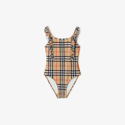 Burberry Kids'  Childrens Ruffle Trim Check Swimsuit In Multi