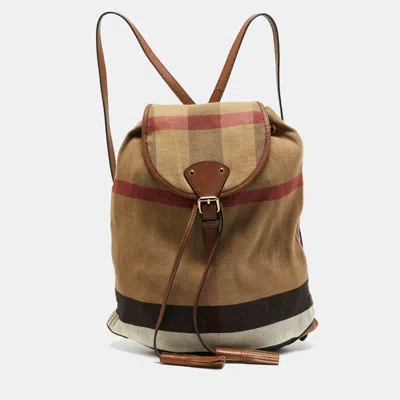 Pre-owned Burberry Chiltern Beige Mega Check Canvas Drawstring Backpack In Sand