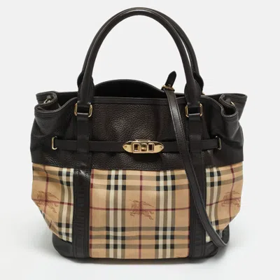 Pre-owned Burberry Choco Brown/beige Haymarket Check Coated Canvas Medium Golderton Tote