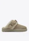 Burberry Buckle Fastening Shearling Suede Mules In Nude
