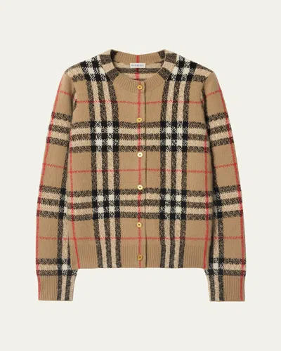 BURBERRY CLARA CHECK CASHMERE CREWNECK CARDIGAN