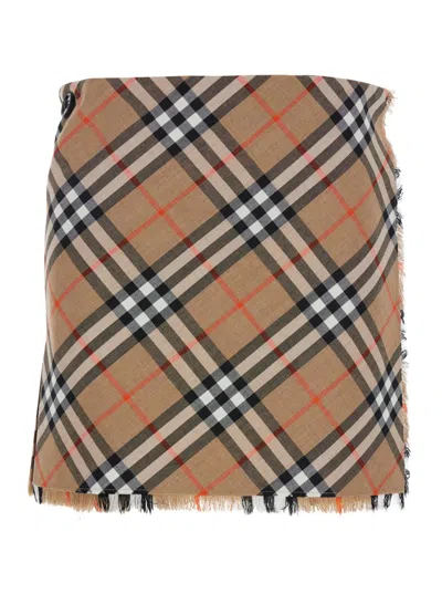 Burberry Classic Plaid Mini Kilt With Fringed Hem And Stylish Belt In Multicolor