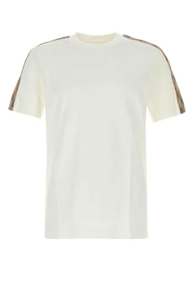 Burberry White Crewneck T-shirt With Check Motif On The Sleeve And Ekd Logo Embroidery On The Front In Cotton