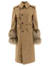 Burberry Long Trench Coat With Shearling Cuffs In Tan