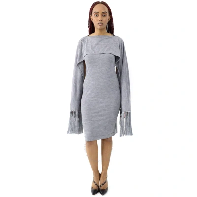 Burberry Cloud Grey Merino Wool Sleeveless Dress With Fringed Capelet