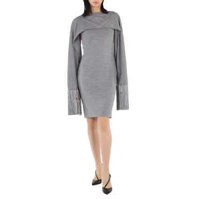 Pre-owned Burberry Cloud Grey Merino Wool Sleeveless Dress With Fringed Capelet, Brand In Gray
