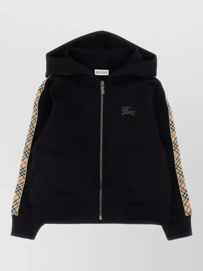 Burberry Clyde Gauze Cotton Hoodie Check Trim In Black