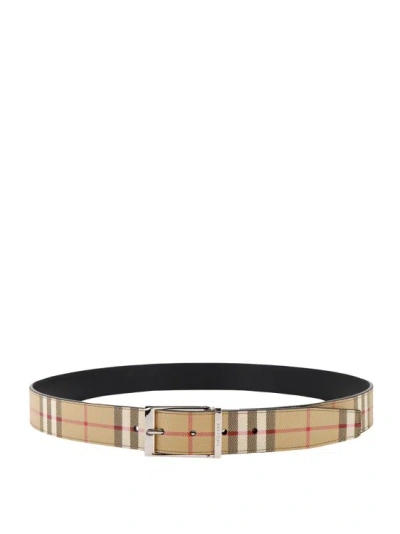 Burberry Coated Canvas And Leather Belt With Check Motif In Neutrals