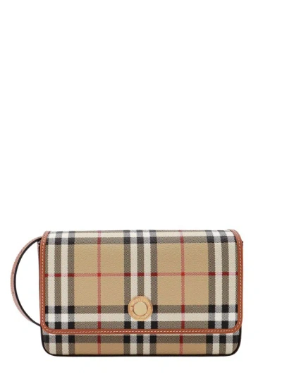 BURBERRY COATED CANVAS AND LEATHER SHOULDER BAG WITH CHECK MOTIF