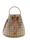 Burberry Check Pattern Canvas Bucket Bag With Top Handle And Leather Trim In Brown