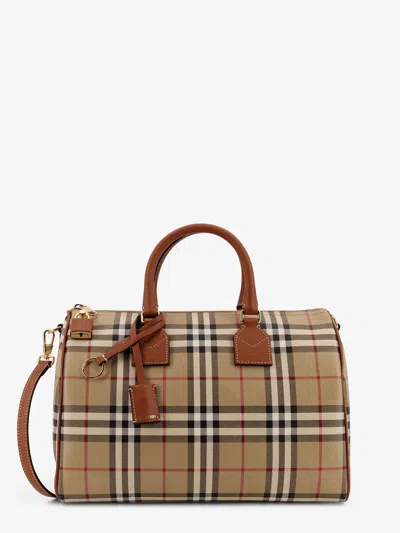 Burberry Coated Canvas Handbag With Check Pattern In Sand